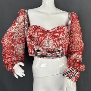 Atina Satin Paisley Long Puff Sleeve Cropped Top Back Zip Sweetheart Size L